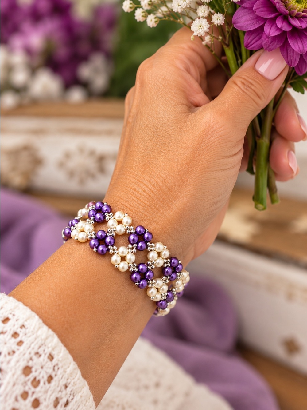 Hand Crafted Pearl & Purple Bead Cluster Bracelet - Elegant Women’s Jewelry